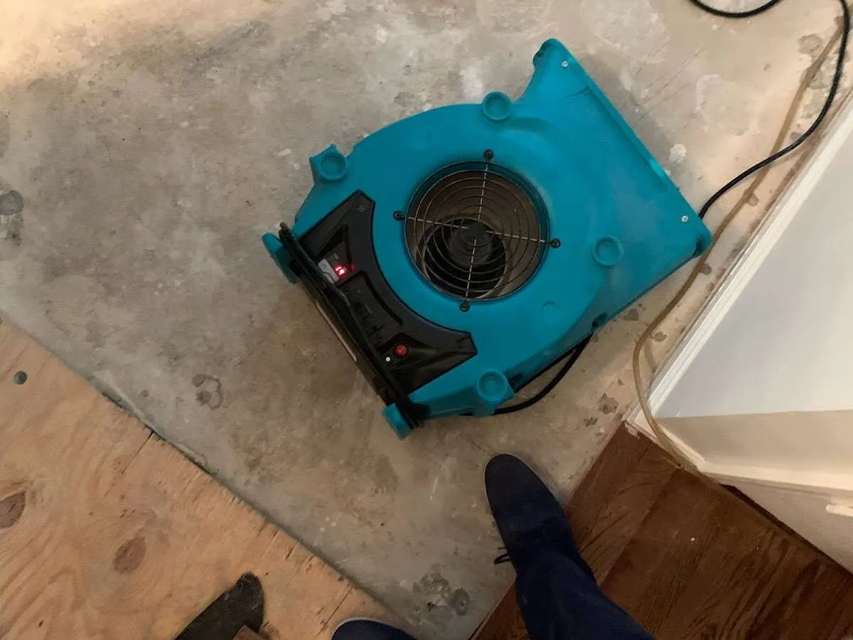 Air mover drying subfloor during Commercial Water Damage Restoration in Trinity